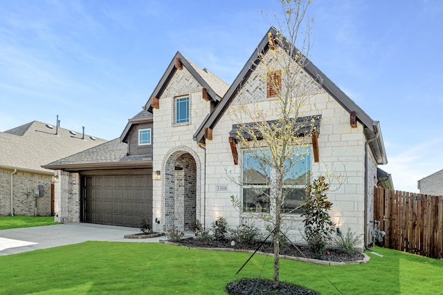 view of front of house with a garage and a front lawn