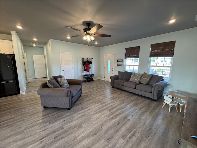 2813 Catfish Ct, Granbury, TX 76048 - living area with wood finished floors, a ceiling fan, and recessed lighting