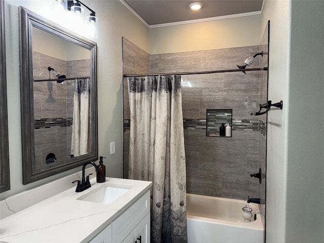 bathroom featuring vanity, crown molding, and shower / bath combo