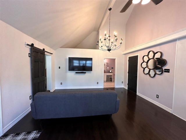 living area featuring dark wood finished floors, a barn door, high vaulted ceiling, baseboards, and ceiling fan with notable chandelier