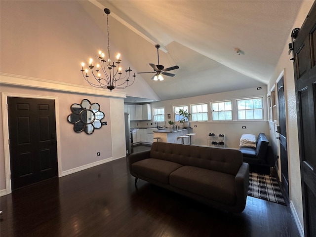 living room with high vaulted ceiling, dark wood finished floors, and baseboards