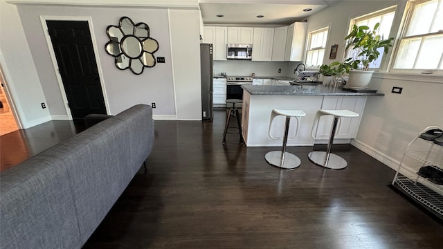 kitchen with a kitchen breakfast bar, open floor plan, white cabinets, appliances with stainless steel finishes, and dark wood-style floors