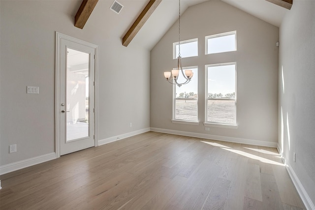 unfurnished room featuring beam ceiling, high vaulted ceiling, light hardwood / wood-style flooring, and a chandelier