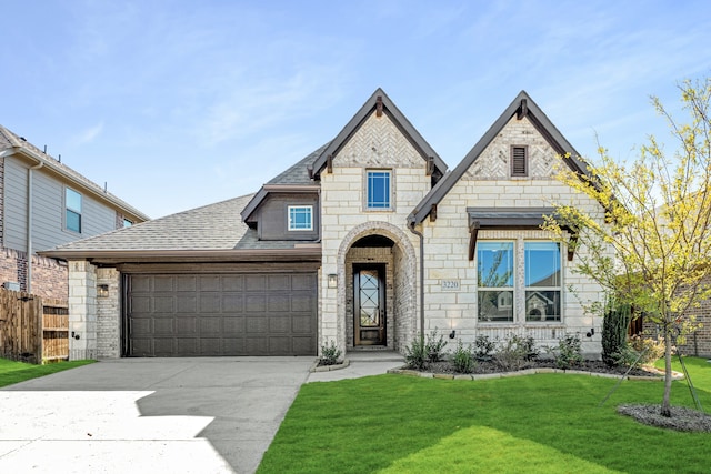 view of front of property featuring a front yard and a garage