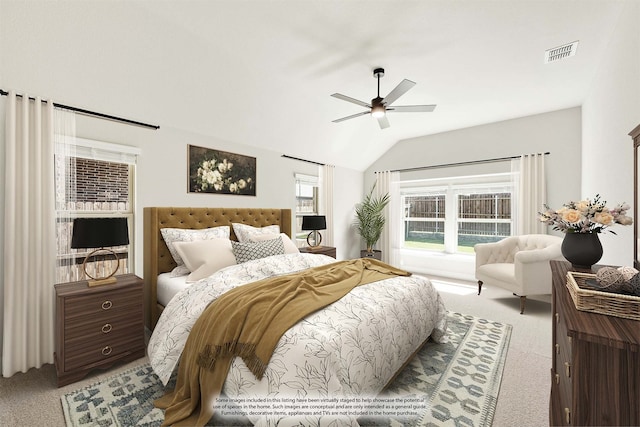 carpeted bedroom featuring vaulted ceiling and ceiling fan