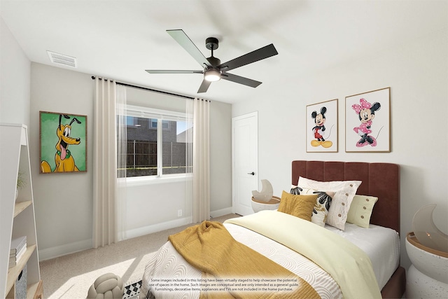 bedroom featuring carpet flooring and ceiling fan