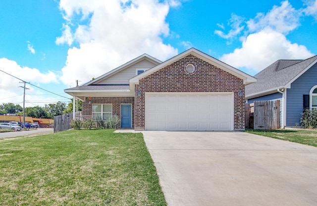 ranch-style house featuring brick siding, fence, a garage, driveway, and a front lawn