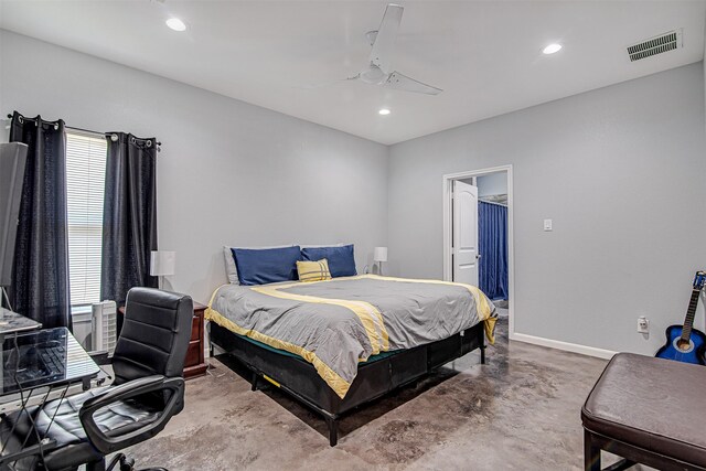 bedroom with concrete floors, multiple windows, and ceiling fan