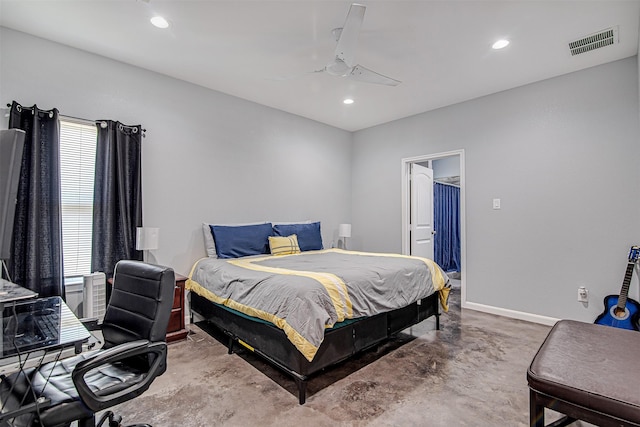 bedroom with recessed lighting, visible vents, a ceiling fan, concrete flooring, and baseboards