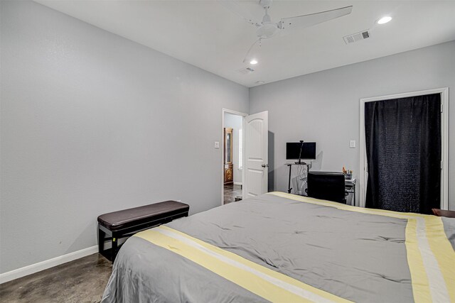 bedroom featuring concrete floors and ceiling fan