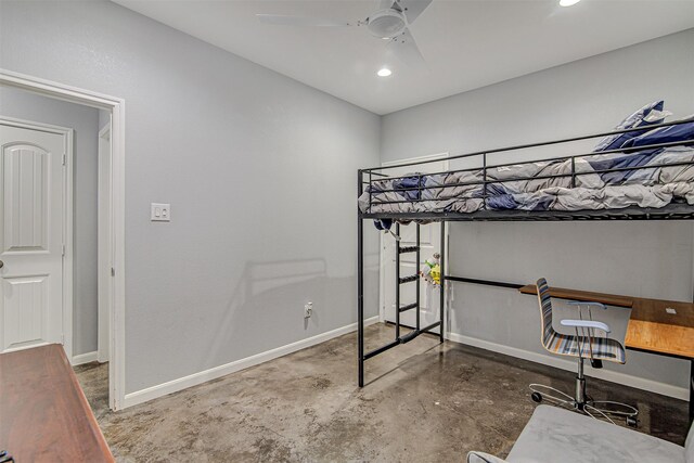 bedroom with concrete flooring and ceiling fan