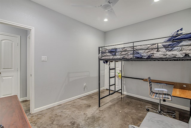 bedroom featuring concrete flooring, recessed lighting, ceiling fan, and baseboards