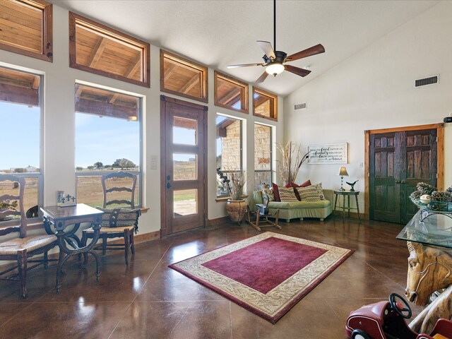 living room with ceiling fan and high vaulted ceiling