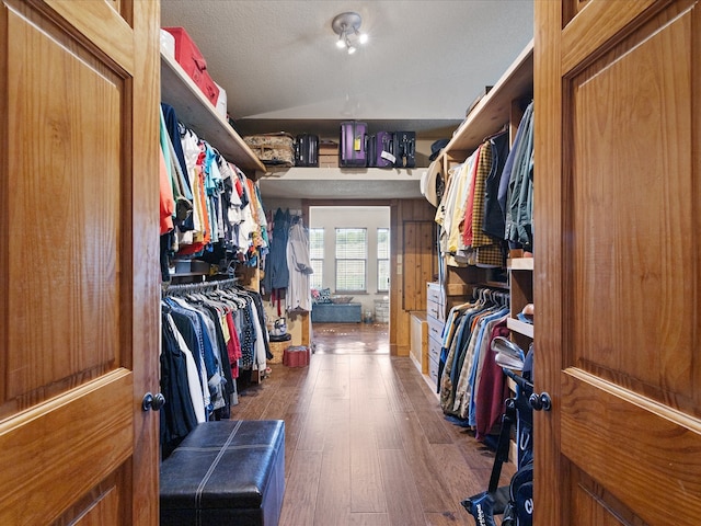 walk in closet with lofted ceiling and dark wood-type flooring