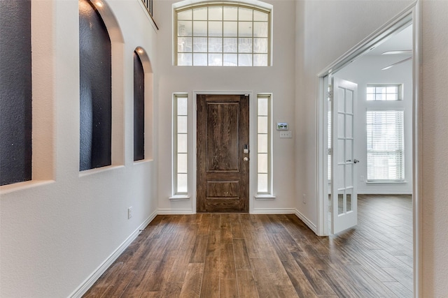 foyer entrance featuring a high ceiling and dark hardwood / wood-style flooring