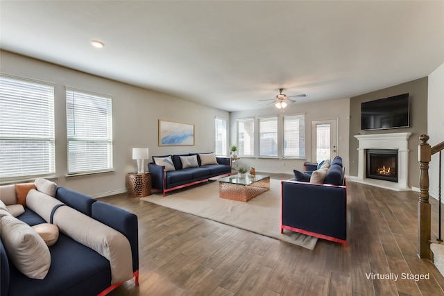 living room with ceiling fan and hardwood / wood-style floors