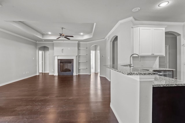 kitchen with crown molding, light stone countertops, dark wood-type flooring, a tray ceiling, and white cabinetry