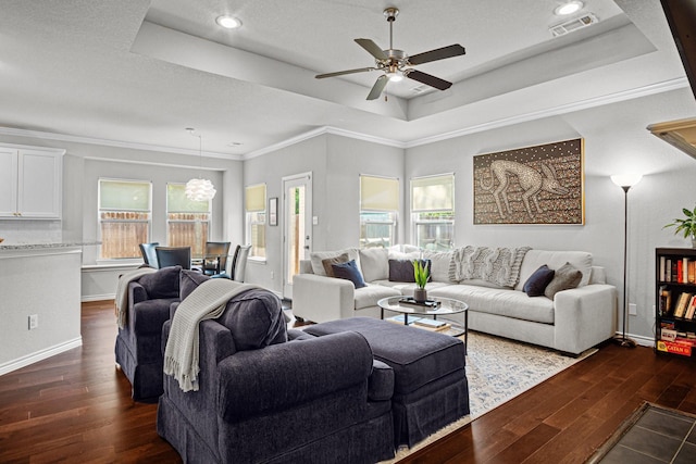 living room with a tray ceiling and dark hardwood / wood-style floors