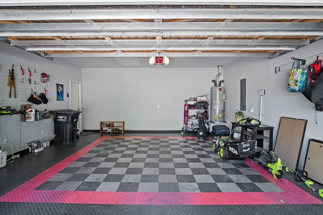 garage with gas water heater, electric panel, and a garage door opener