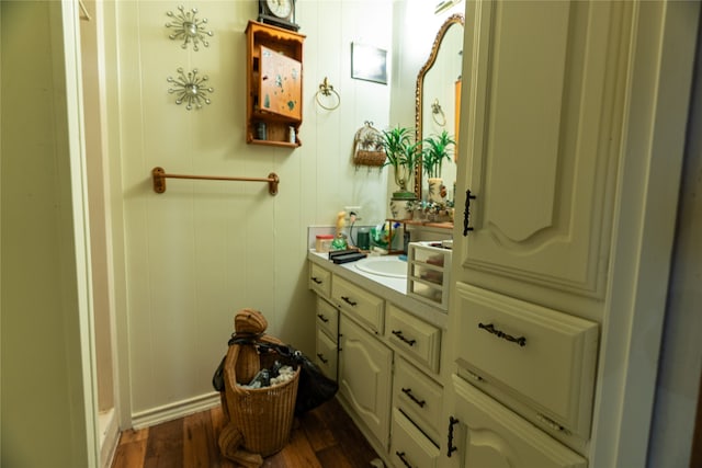 bathroom with wood-type flooring and vanity