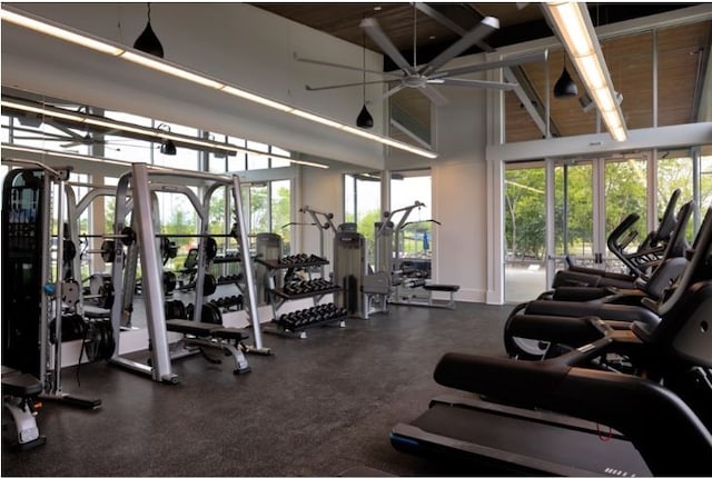 workout area featuring high vaulted ceiling and ceiling fan