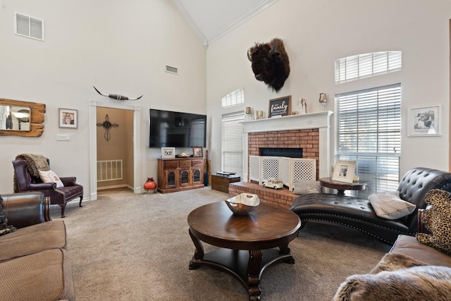 living room with carpet, high vaulted ceiling, a fireplace, and ornamental molding