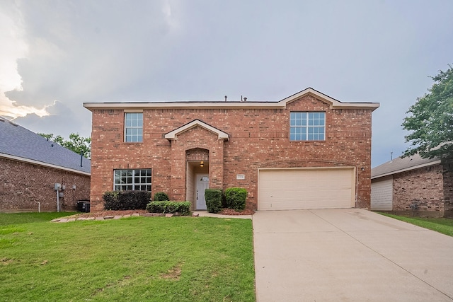 view of front property with a garage, central air condition unit, and a front yard