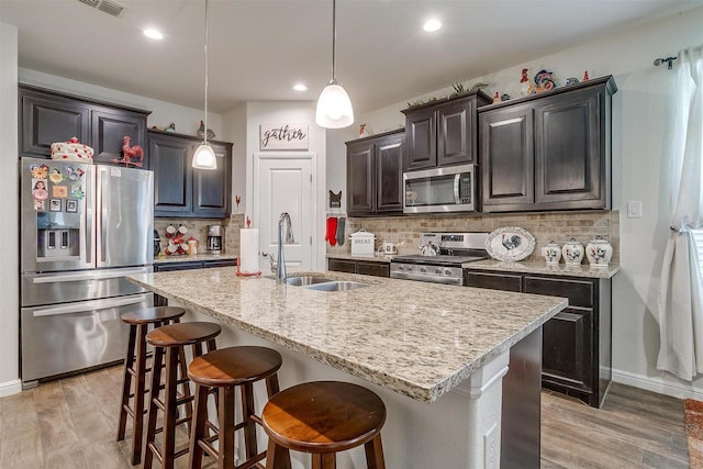 kitchen with tasteful backsplash, sink, a center island with sink, and appliances with stainless steel finishes