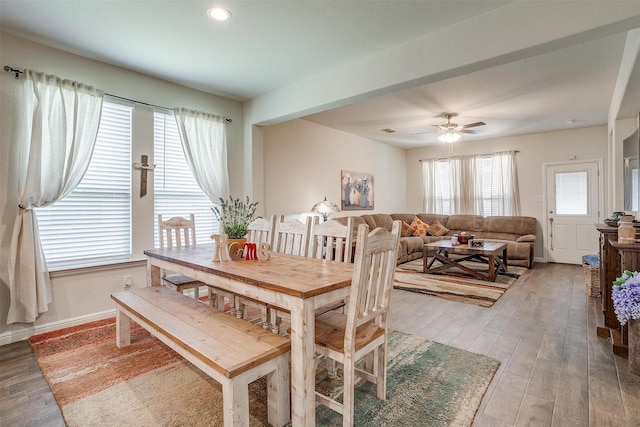 dining area featuring ceiling fan and hardwood / wood-style flooring