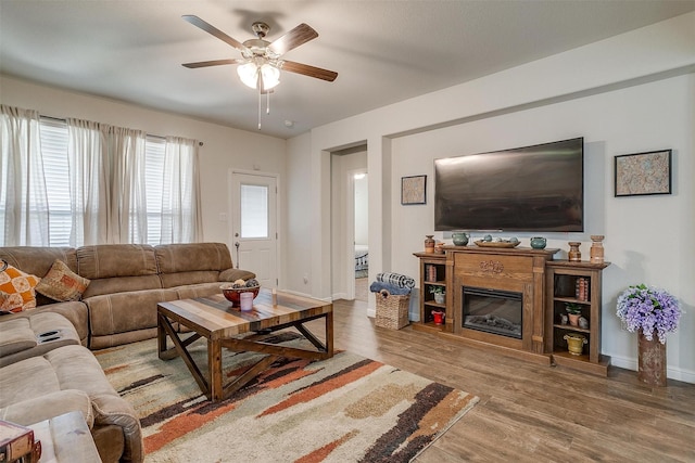 living room featuring ceiling fan and hardwood / wood-style floors