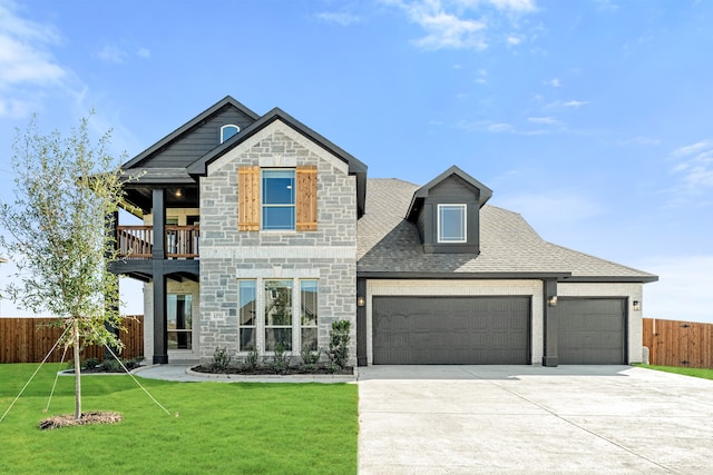 view of front of house featuring a front lawn, a garage, and a balcony