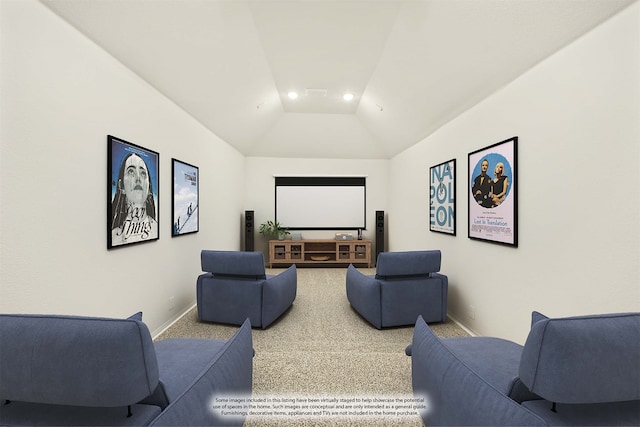 carpeted cinema room featuring vaulted ceiling