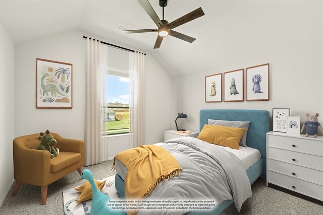 bedroom with light carpet, vaulted ceiling, and ceiling fan