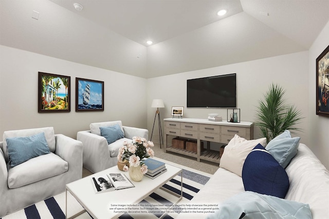 living room with light colored carpet and lofted ceiling