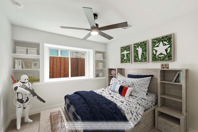 bedroom with ceiling fan and carpet flooring