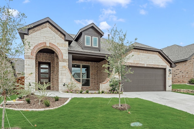 view of front of property with a front yard and a garage