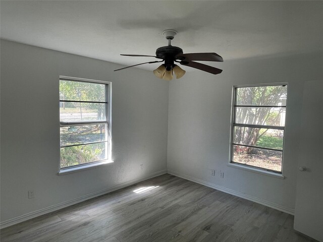 spare room featuring a wealth of natural light, ceiling fan, and light wood-type flooring