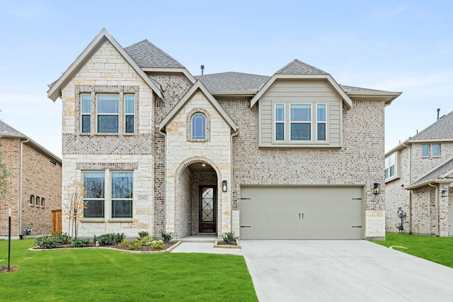 view of front facade featuring a front lawn and a garage