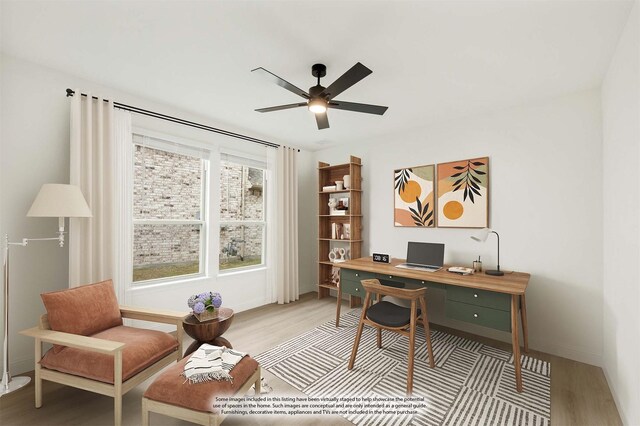 office area with ceiling fan and wood-type flooring