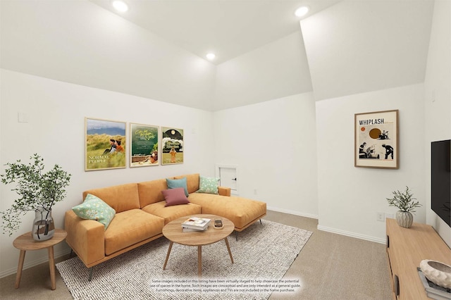 living room featuring carpet flooring and vaulted ceiling