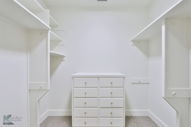 spacious closet featuring light carpet