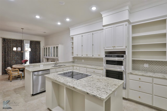 kitchen with stainless steel appliances, kitchen peninsula, pendant lighting, light tile patterned flooring, and tasteful backsplash