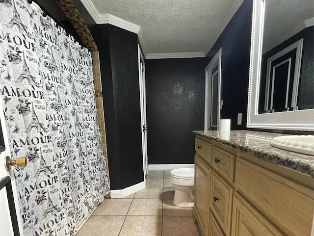 full bath featuring vanity, toilet, a shower with shower curtain, a textured ceiling, and tile patterned floors