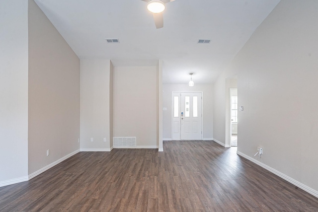 entrance foyer with ceiling fan and dark hardwood / wood-style floors