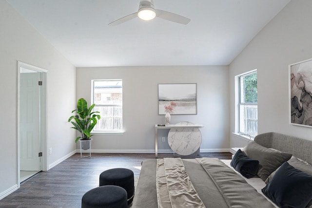 interior space with ceiling fan, plenty of natural light, dark wood-type flooring, and lofted ceiling