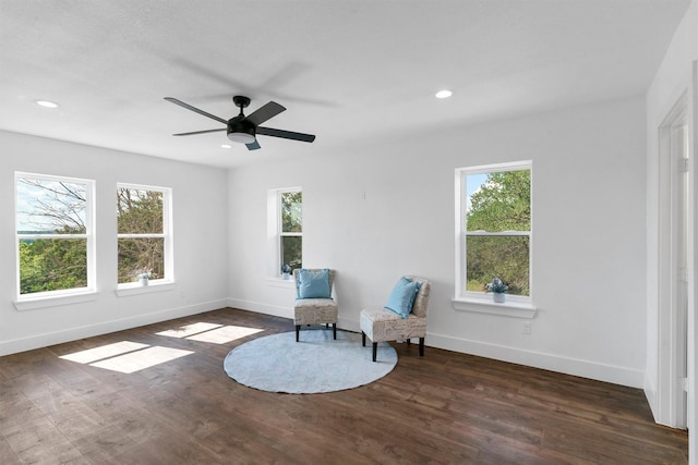 unfurnished room featuring ceiling fan, plenty of natural light, and dark wood-type flooring