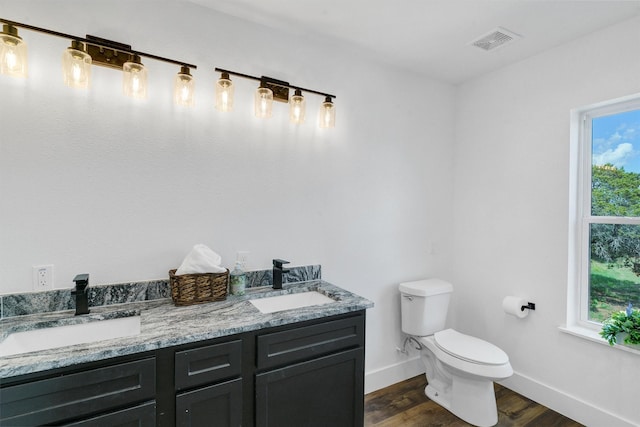 bathroom with vanity, hardwood / wood-style flooring, and toilet