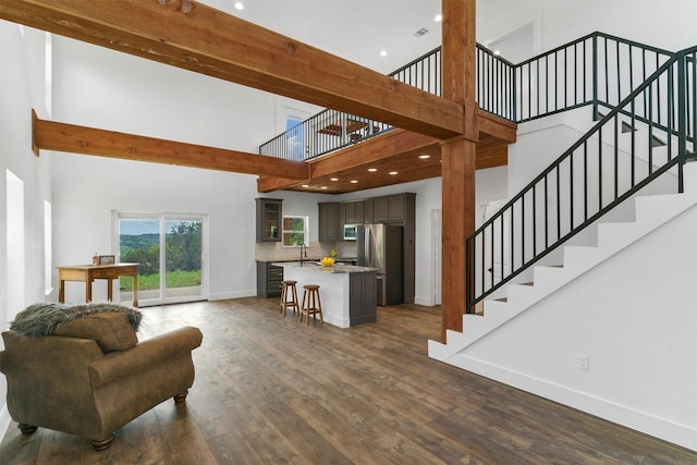 living room featuring sink, dark hardwood / wood-style floors, and a high ceiling