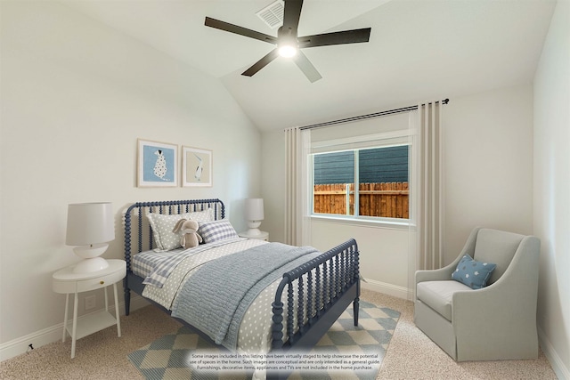 bedroom with ceiling fan, vaulted ceiling, and carpet floors