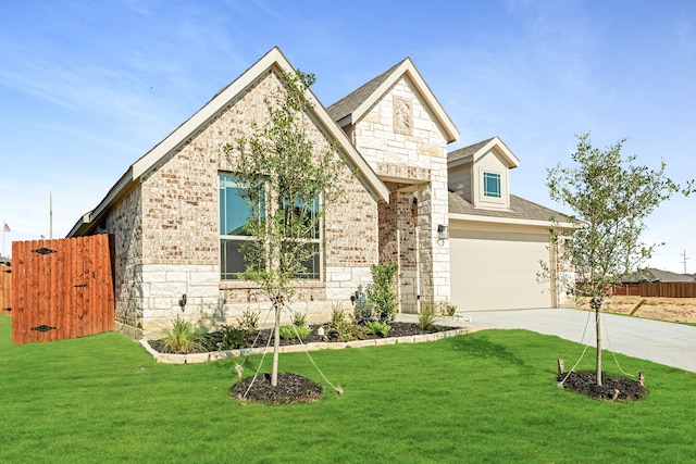 craftsman house with a garage and a front lawn